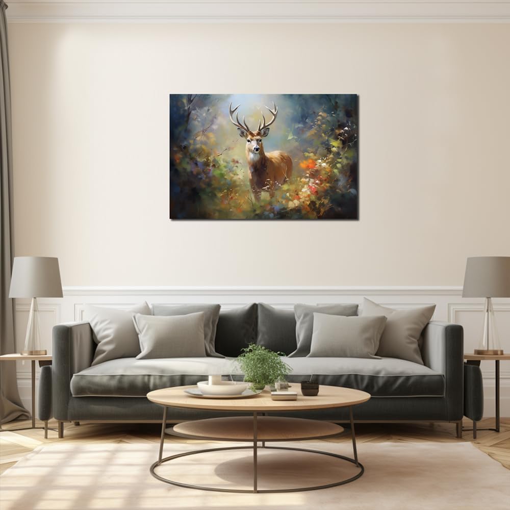 Deer Wall Art Decor Elk Canvas Pictures Forest Landscape Theme Art Print Wildlife Artwork for Living Room Watercolr Animal Canvas Art for Bedroom Bathroom Home Office Decorations(24"×36")