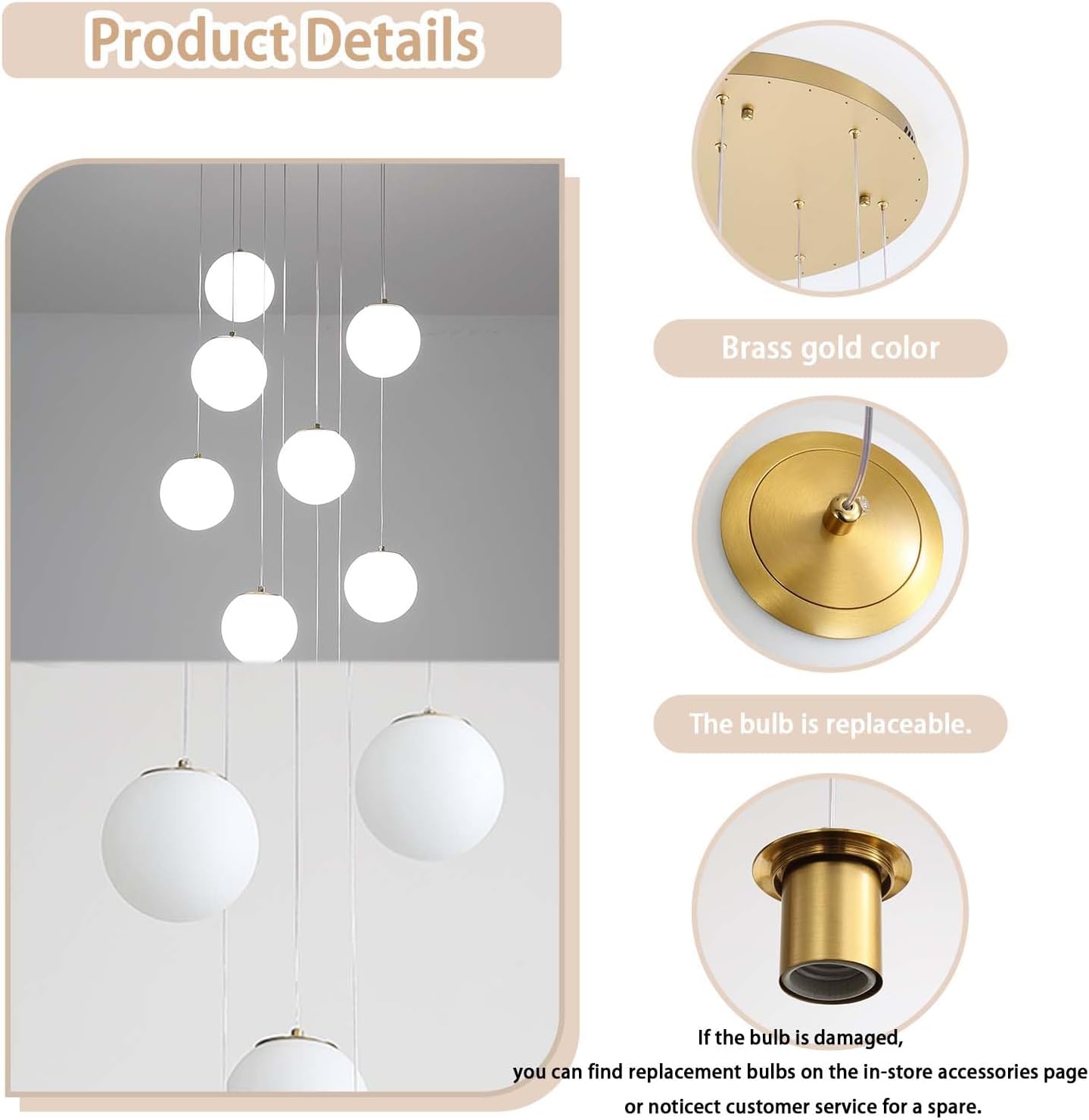 10-Light Gold Chandelier with White Globe Glass Dimmable Ceiling Light Glass Pendant Light for Kitchen Island, Dining Room, Living Room, Entry Hallway, LED Bulbs Included