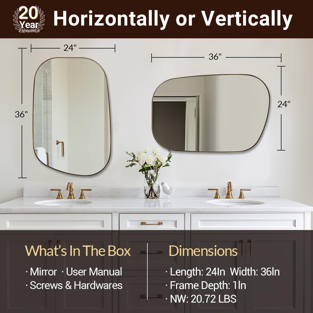 ANDY STAR Gold Bathroom Mirror, 24"x36" Brushed Brass Asymmetrical Wall Mirror in Stainless Steel Metal Frame, Unique Vanity Mirror with Modern Curved Design, Ideal for Bathroom, Bedroom, Entryway