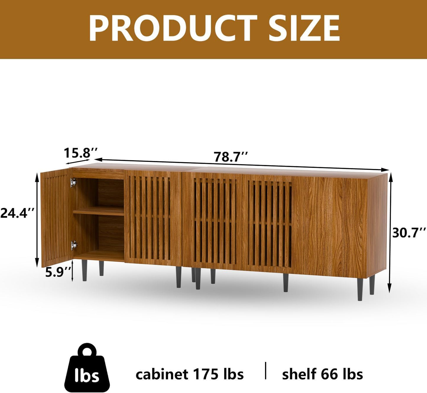 CHUWELL Farmhouse TV Stand, 78.7" Storage Cabinet with 5 DIY Doors and Adjustable Shelf, Sideboard Coffee Bar Cabinet with Solid Wood Feet for Kitchen,Dining Room,Living Room,Brown