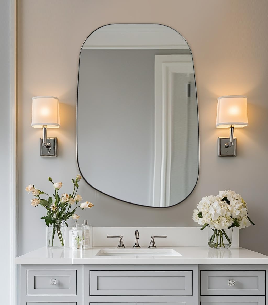 ANDY STAR Brushed Nickel Mirror, 24"x36" Silver Asymmetrical Wall Mirror for Bathroom, Unique Irregular Design with SUS304 Stainless Steel Metal Frame, Ideal for Bathroom, Bedroom, Entryway