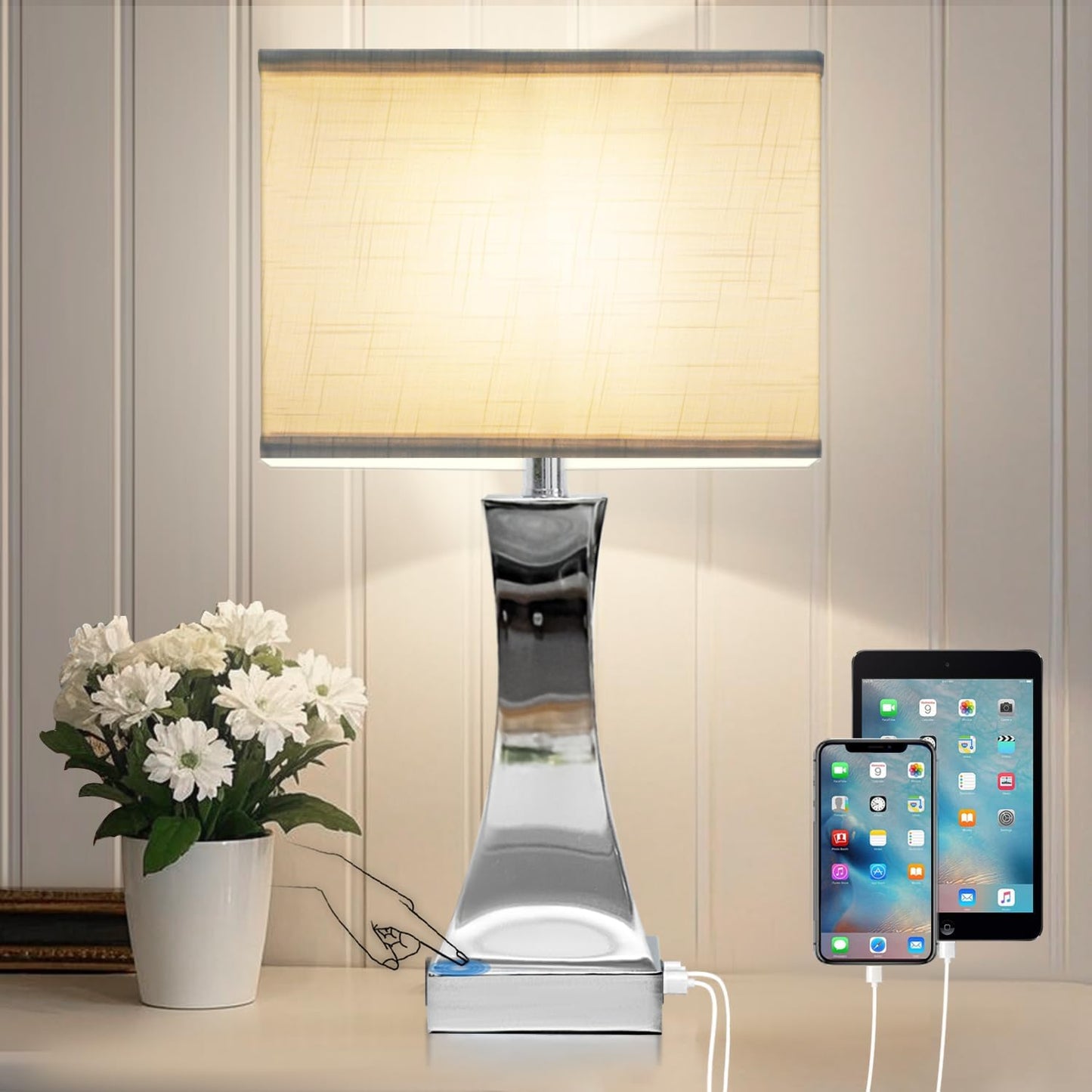 Table Lamp for Bedroom 3-Way Dimmable Touch Control Chrome Bedside Lamp with USB A+C Port & AC Outlet 21.6" Tall Nightstand Lamp for Living Room Office and Hotel Bulb Included