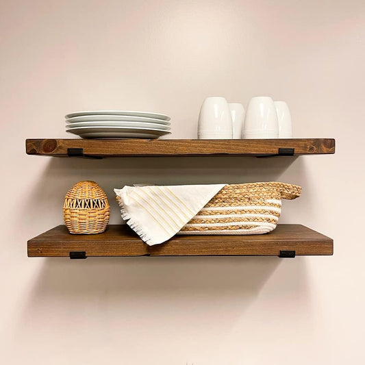 Rustic Shelves with J-Brackets Set of 2, Industrial Shelf, Kitchen Shelves, Solid Wood, Decorative Wall Storage, Heavy Duty, URBANDI (Provincial, 12Wx10D)