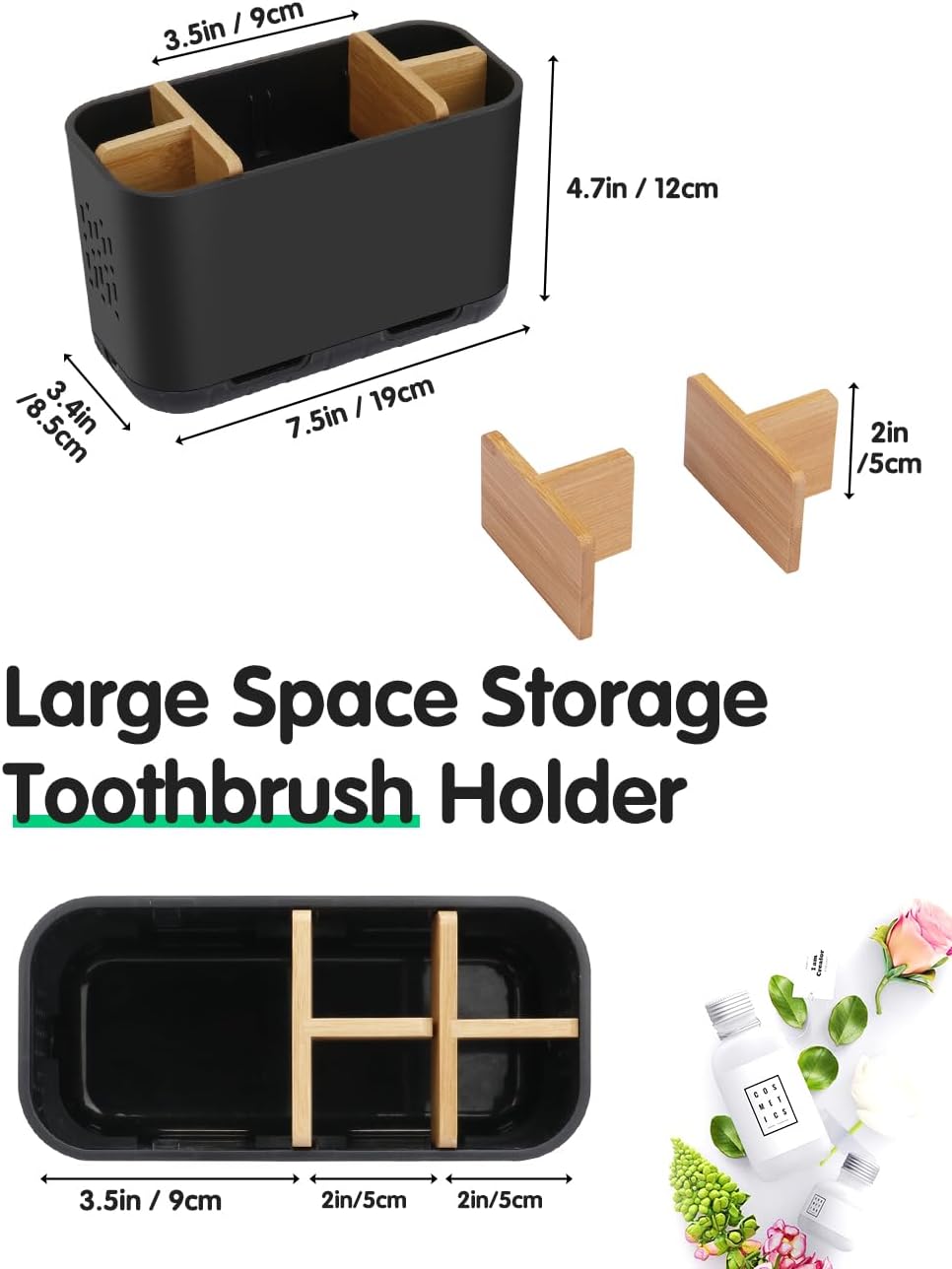 Black Toothbrush Holder, Bamboo Toothbrush and Toothpaste Holder with Drainage, Electric Kids Matte Black Toothbrush Holders Set Organizer for Bathrooms Countertop Accessories Storage