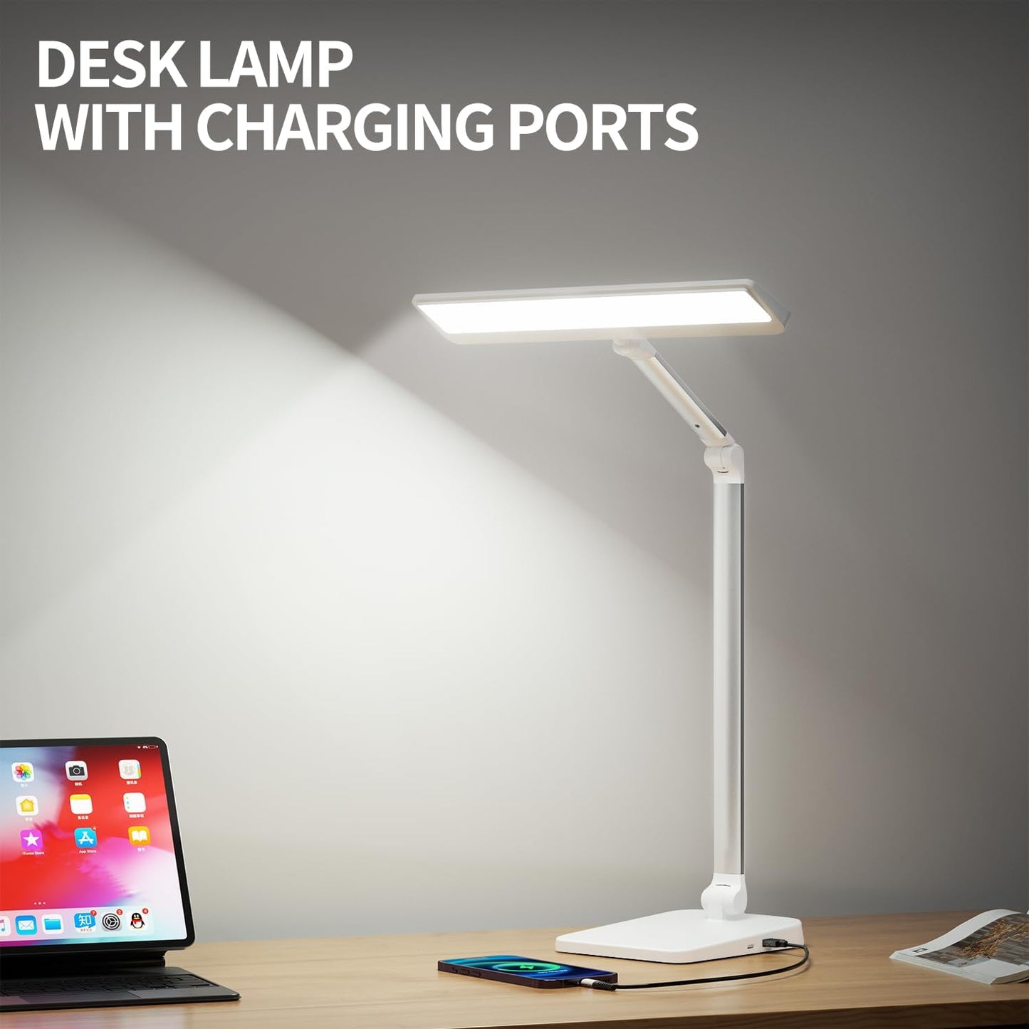 Desk Lamp with USB A+C Dual Charging Port, 23W 1000LM DC Adapter LED Dsek Light for Office Home, Eye-Caring Desk Light 3 Brightness Lamp for Computer, Video Conferencing, Workbench, Crafting, Reading