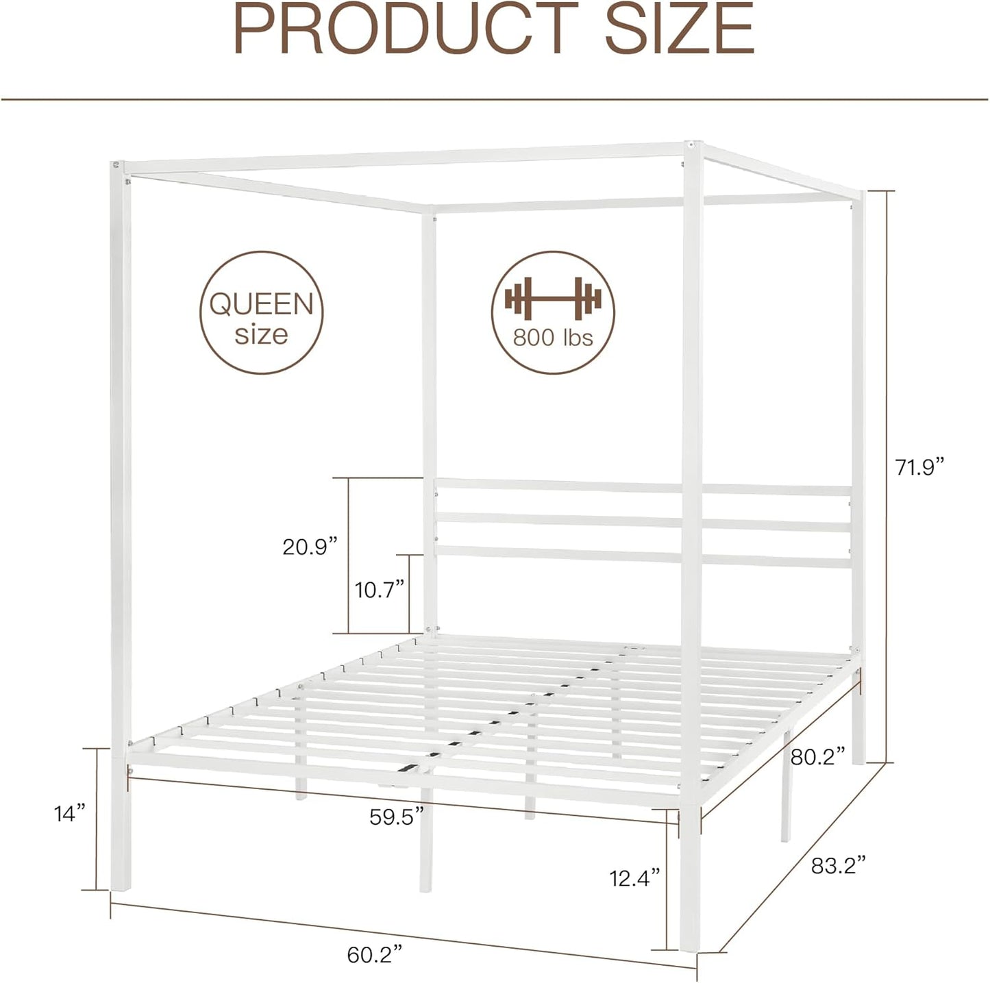 ikalido Queen Size Metal Canopy Bed Frame, Modern Four-Poster Platform Bed Frame, Mattress Foundation with Metal Slat Support/Under-Bed Storage Space/No Box Spring Needed/White