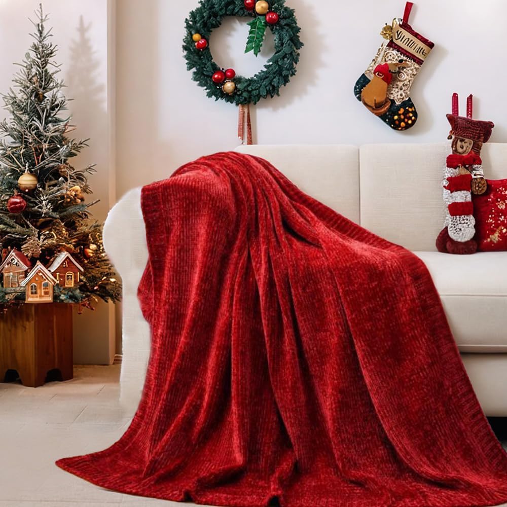 BATTILO HOME Christmas Red Throw Blanket for Couch, Chenille Knit Blanket for Sofa, Chair, Christmas Decor, Super Soft Blanket, 51"x67"
