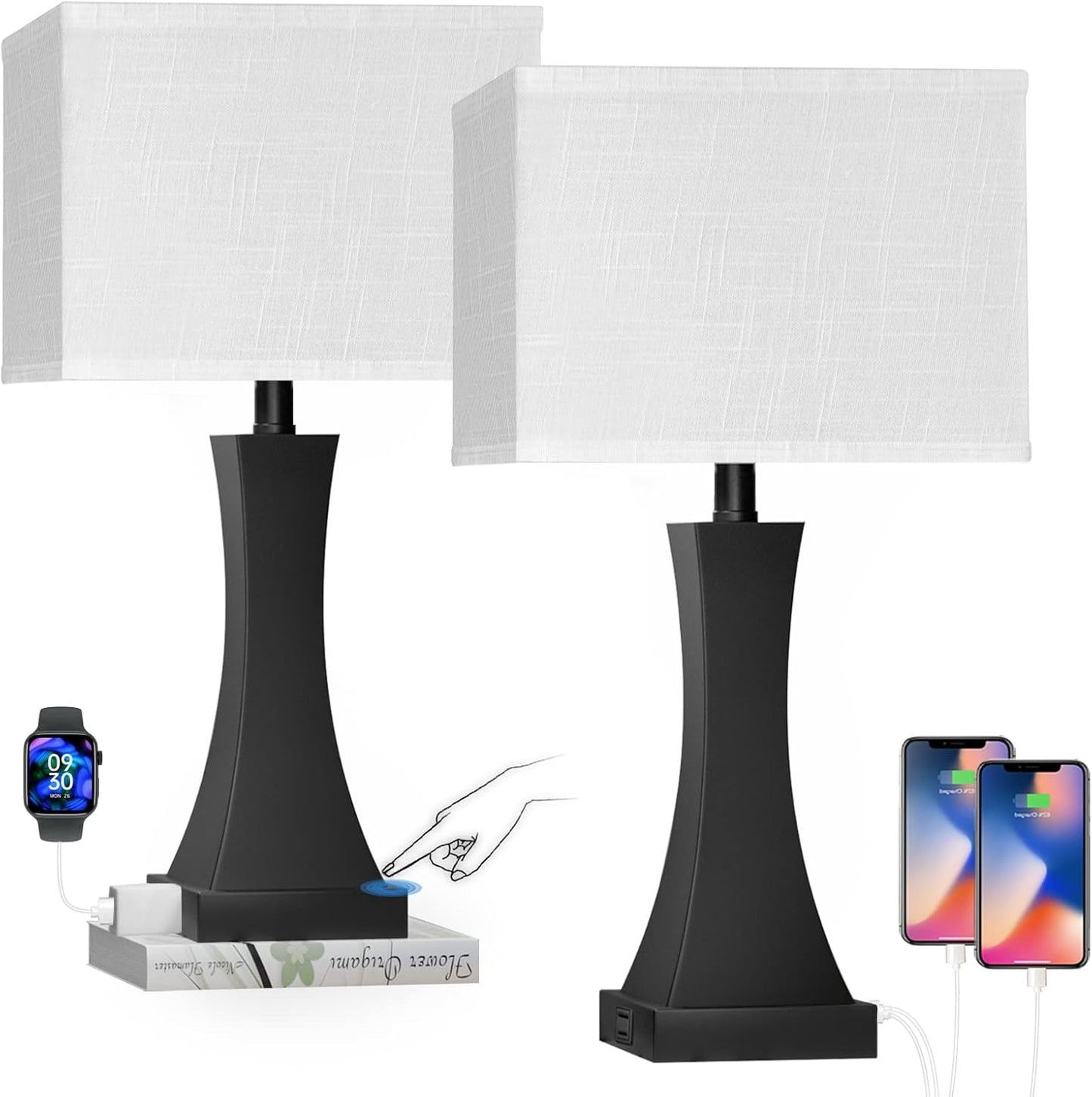 Set of 2 Touch Control Table Lamps 21.6" 3-Way Dimmable Bedside Nightstand Lamp with Type C/USB Charging Port & Outlet Desk Lamp for Living Room Bedroom Office and Hotel Bulb Included