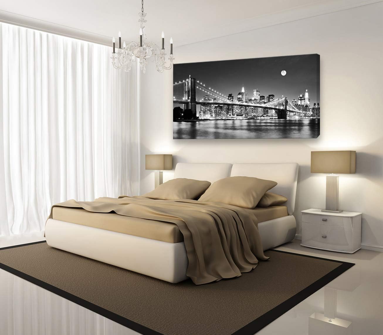 Baisuart-Q30375 Brooklyn Bridge Night View 1 Panels Landscape Artwork Canvas Prints Moon Night New York City Scene Picture Paintings Black and white Wall Art for Oiffce Home Decorations Wall Decor