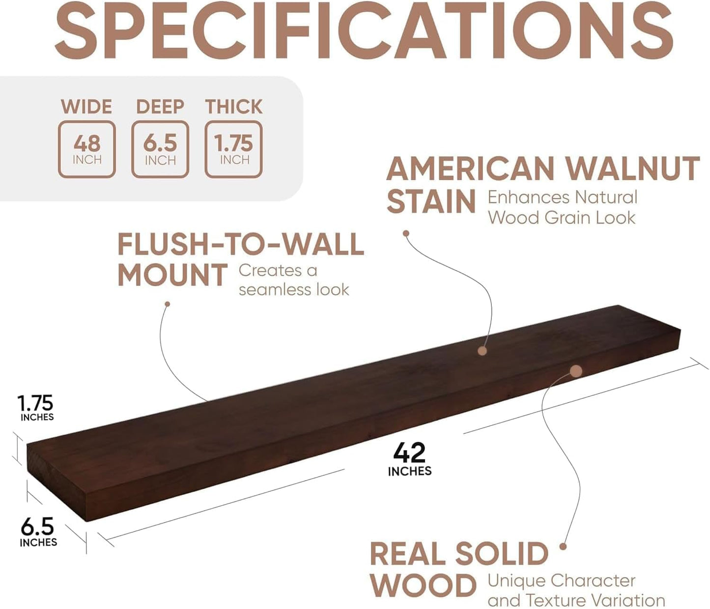 Homeforia Walnut 42 inch Floating Shelves, High End Solid Real Wood 42inch Floating Shelf for Wall, Large Dark Brown 42 inches Long Floating Shelves, Heavy Duty Bracket, 42 X 6.5 X 1.75 inch, Set of 3