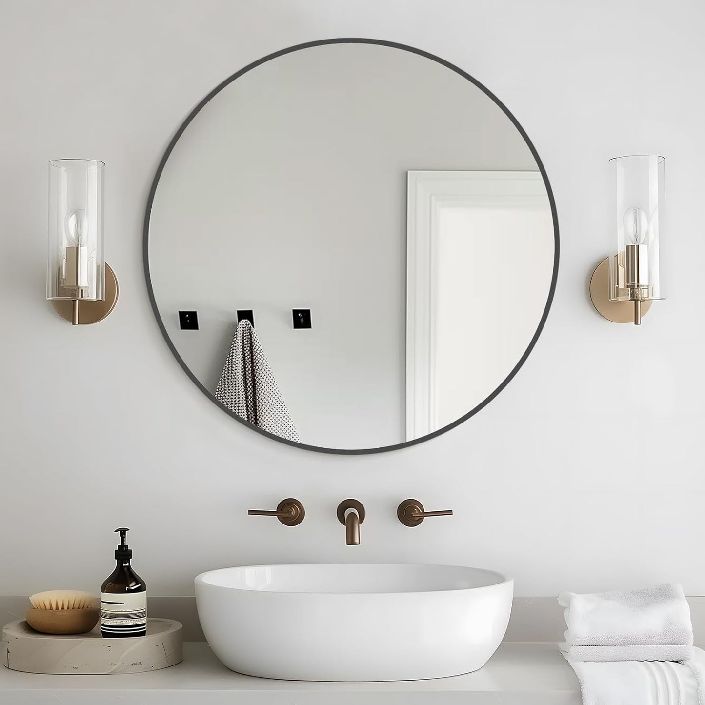 WallBeyond Black Round Wall Mirror 24 inch Circle Mirror for Bathroom with Metal Framed Mirror for Bathroom, Vanity, Living Room, Entryway Home Decor