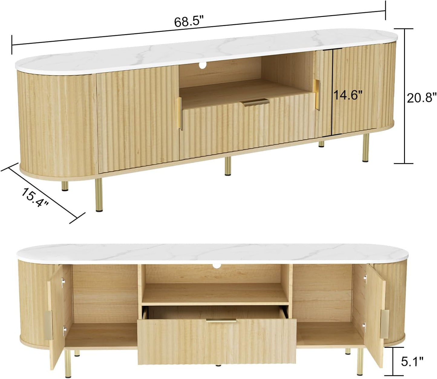 68.5" Fluted TV Stand, Modern Entertainment Center for TVs Up to 68 inch, Wood TV Console with Faux Marble Top and LED, TV Cabinet Media Console, for Living Room, Bedroom, Oak