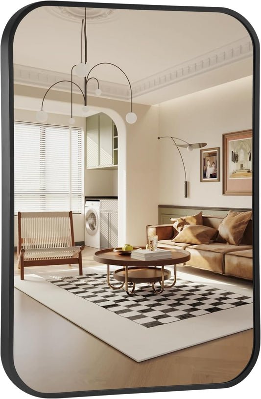 20x28 Inch Bathroom Mirror - Matte Black Framed Rectangle with Rounded Corner, Aluminum Alloy Framed Brushed Wall Mirror for Bedroom or Living Room, Vertical or Horizontal