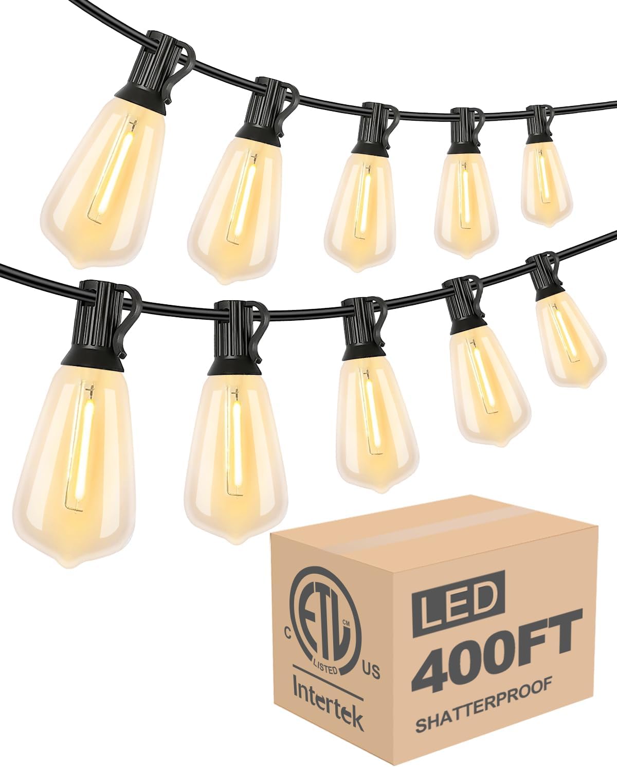 Lightdot 400FT Outdoor String Lights, LED Bistro String Lights with Shatterproof ST38 Bulbs, 2200K Dimmable, Waterproof Hanging Lights for Porch, Party, Garden, Backyard, Balcony - ETL Listed