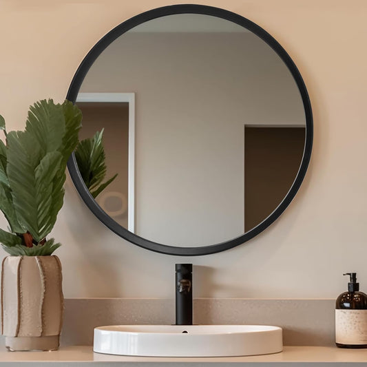 Round Black Wood Mirror, 28 Inch - Large Wall Circle Mirror for Bathroom or Nursery Decor
