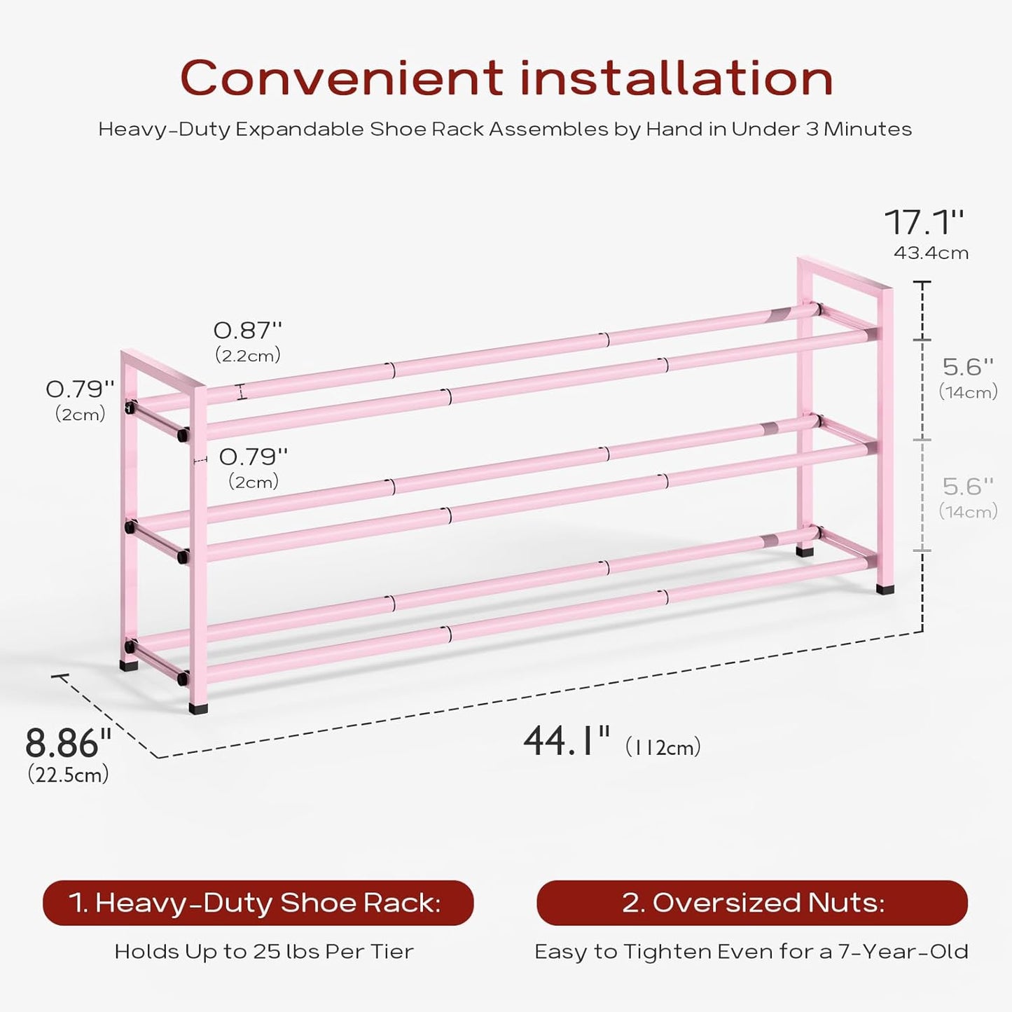 Bumusty 3-Tier Long Expandable Shoe Rack for Closet, 18"-44" Adjustable Shoe Rack for Entryway, 15-18 Pairs Large Shoe Organizer Shelf Storage, Sturdy Metal, Pink