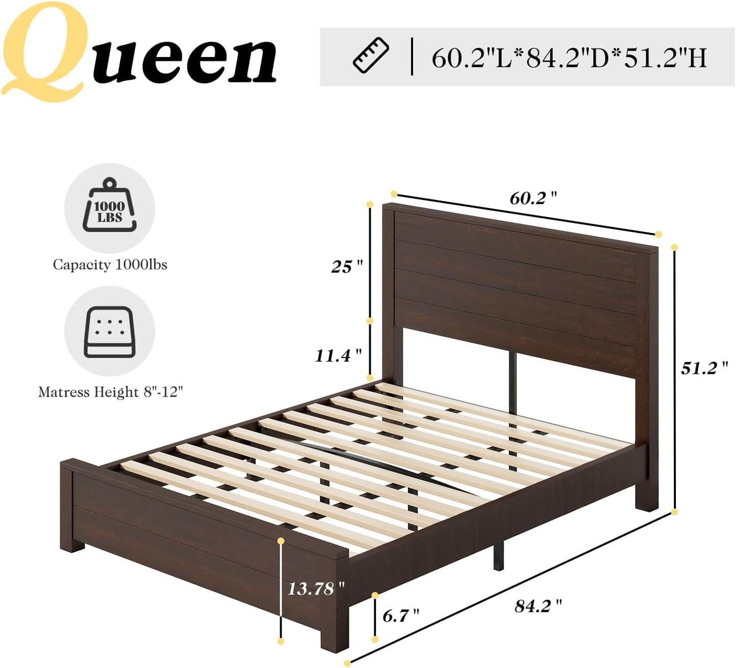 51.2" H Wood Bed Frame with Headboard, Queen Platform Bed Frame with Wooden Slat Support, No Box Spring Needed/Easy Assembly, Rustic Pine, Reclaimed Barnwood