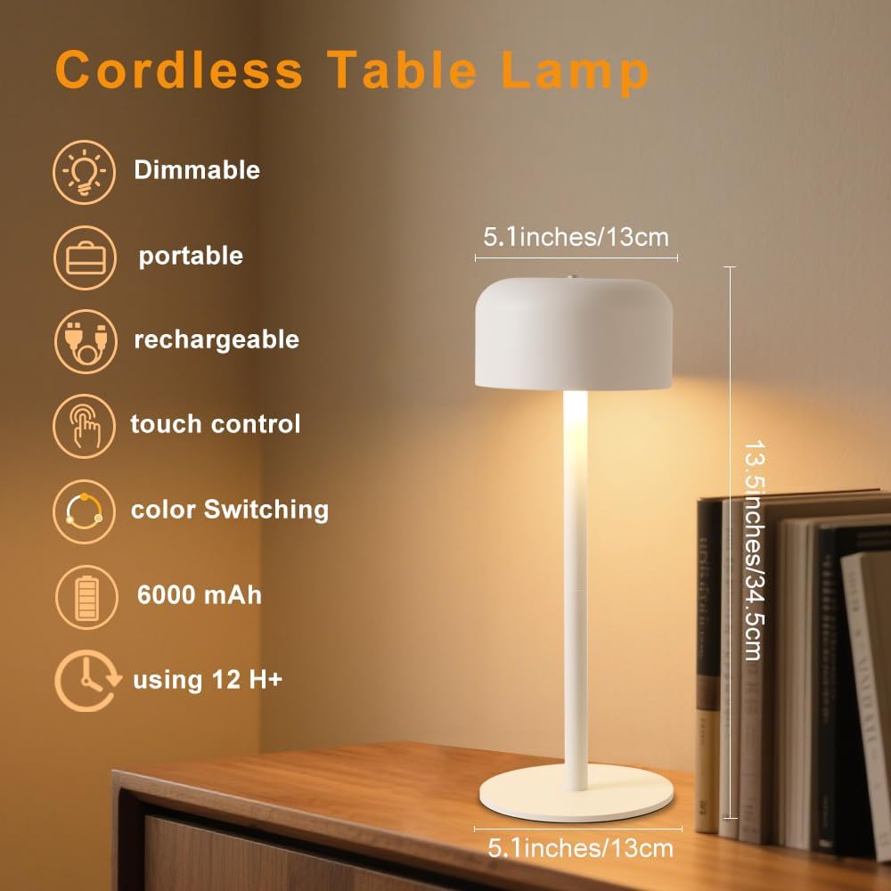 Modern Cordless Table Lamp, Portable LED Desk Lamps, 6000mAh Rechargeable Battery Operated Lighting for Bedroom Dining Room Restaurant Coffee Shop Camping Night Light (White)