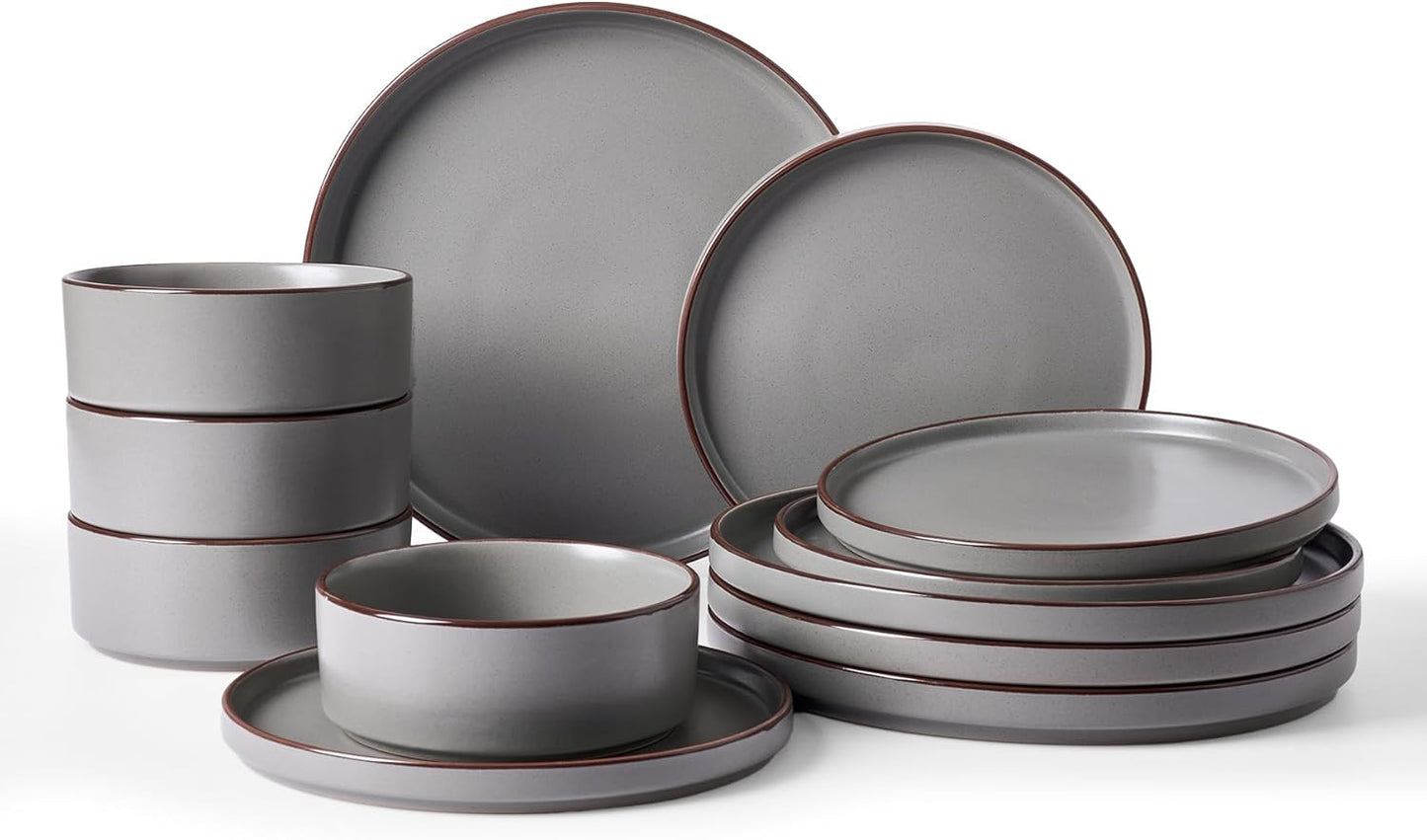 Famiware Nebula Ridge Stoneware Dinnerware Sets, Plates and Bowls Sets for 4, 12 Pieces Dishes Set, Microwave and Dishwasher Safe Kitchen Plates, Dark Gray