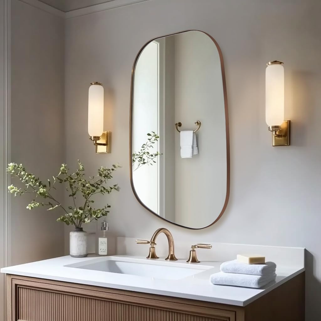 ANDY STAR Bronze Bathroom Mirror, 24"x36" Oil Bronze Asymmetrical Wall Mirror in Stainless Steel Metal Frame, Unique Vanity Mirror with Modern Curved Design, Ideal for Bathroom, Bedroom, Entryway