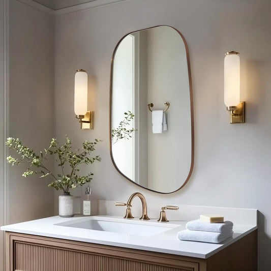 ANDY STAR Bronze Bathroom Mirror, 24"x36" Oil Bronze Asymmetrical Wall Mirror in Stainless Steel Metal Frame, Unique Vanity Mirror with Modern Curved Design, Ideal for Bathroom, Bedroom, Entryway