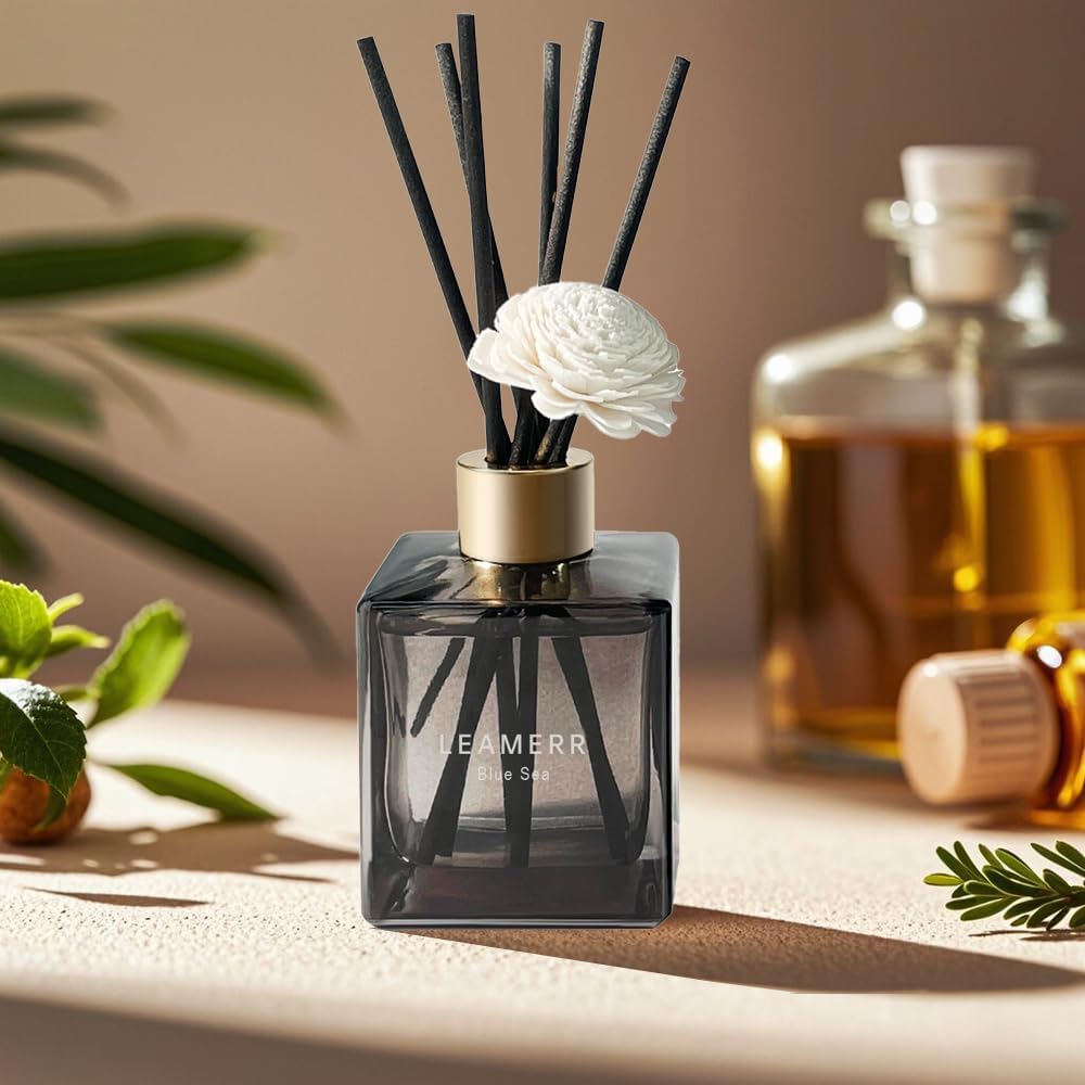 Reed Diffuser Set, 6.1 oz (180 ml) My Way Woody Fragrance Diffuser with 6 Reed Sticks and Scented Diffuser Flower Long-Lasting Home Fragrance Reed Diffuser for Home Room Office Bathroom Shelf Decor