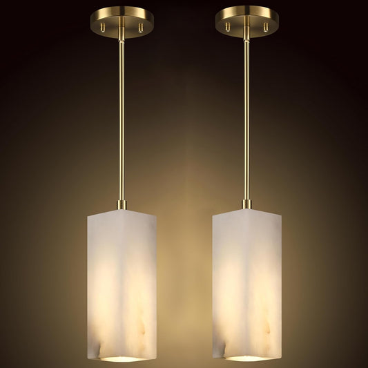 1 Light Modern Industrial Farmhouse Hanging Kitchen Island Pendant Ceiling Light Fixture,Square Natural Alabaster Marble Brushed Bronze Finish Over Sink Restaurant bar Corridor