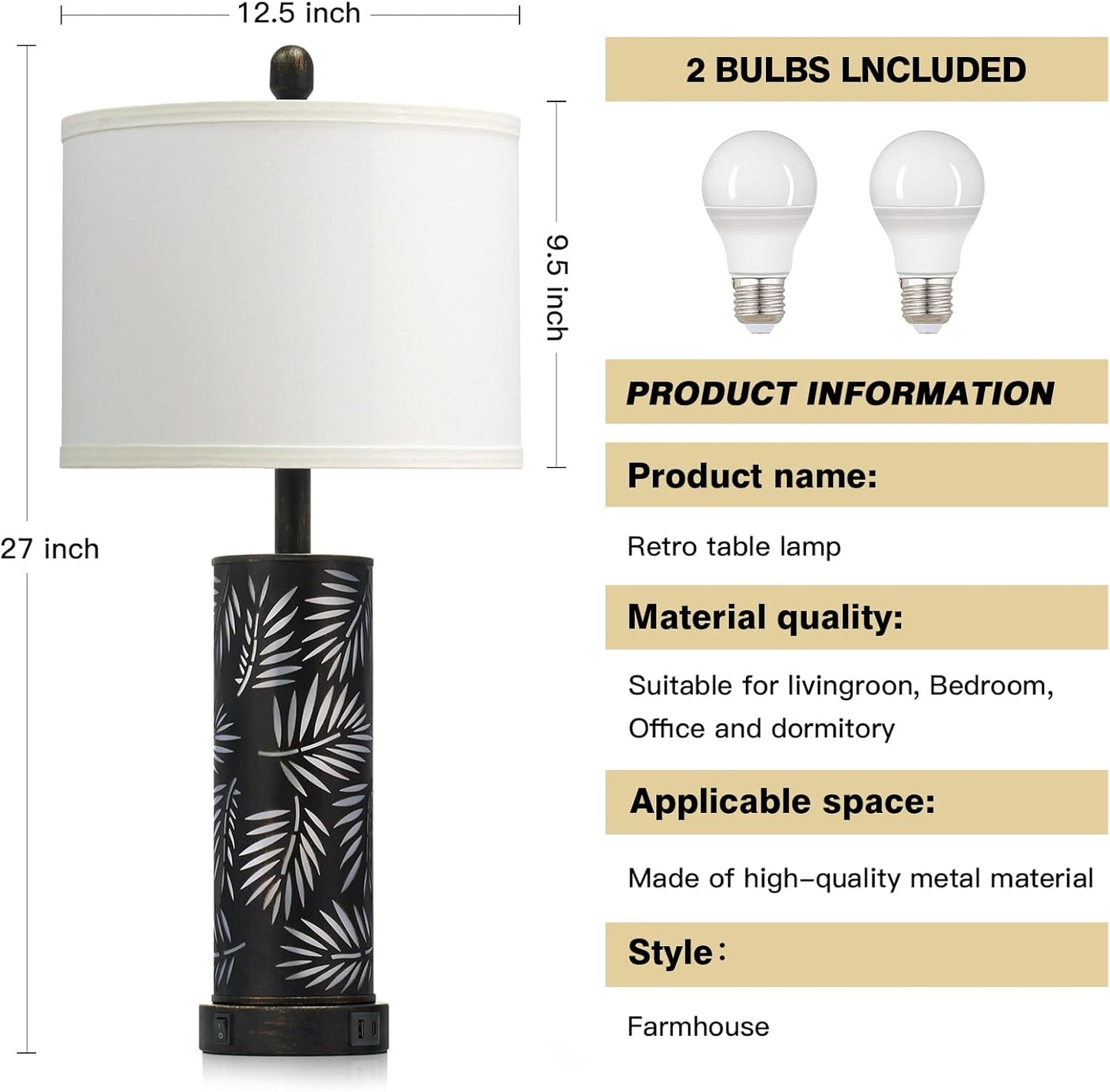 Set of 2 Rustic Table Lamps for Living Room Bedroom, Vintage Farmhouse Nightstand Lamp with 2 USB Ports, Hollow Out Black Metel Lamp for End Table with Nightlight (Retro Black)