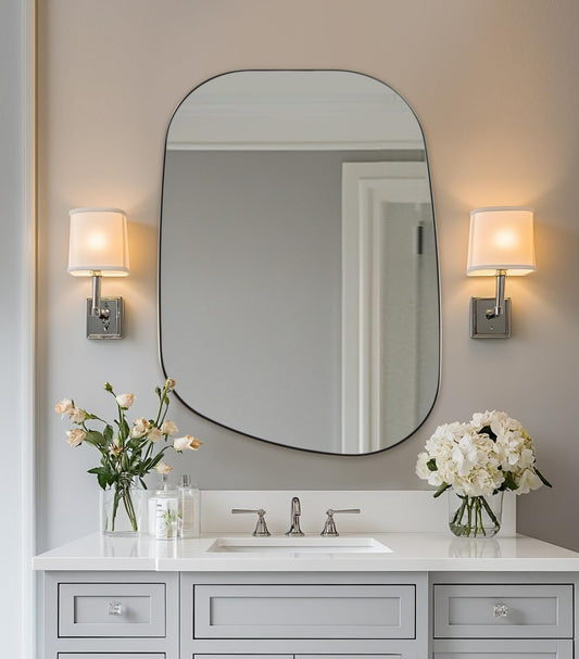 ANDY STAR Brushed Nickel Mirror, 24"x32" Silver Asymmetrical Wall Mirror for Bathroom, Unique Irregular Design with SUS304 Stainless Steel Metal Frame, Ideal for Bathroom, Bedroom, Entryway