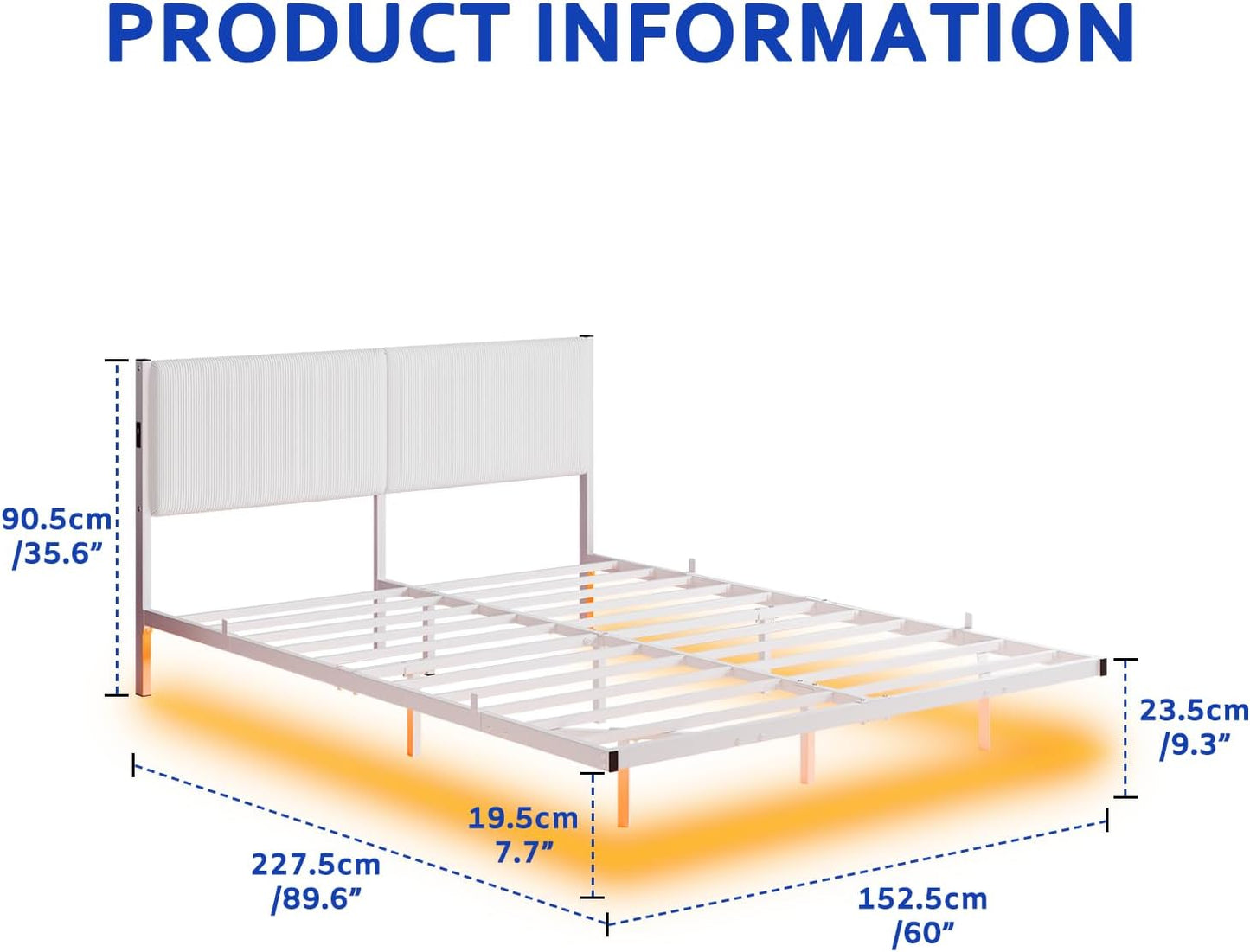 Queen Bed Frame,Floating Bed Frames Queen Size with LED Lights & Charging Station,Modern Queen Platform Bed Frame with Upholstered Headboard,Heavy Duty Steel Slats,No Box Spring Needed,No Noise,White
