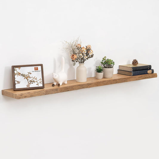Fun Memories Floating Shelves for Wall Decor, Rustic Solid Elm Wood Live Edge Floating Shelves Wall Mounted, Heavy-Duty Shelf with Invisible Bracket for Living Room Kitchen, 55 Inch Set of 1, Natural