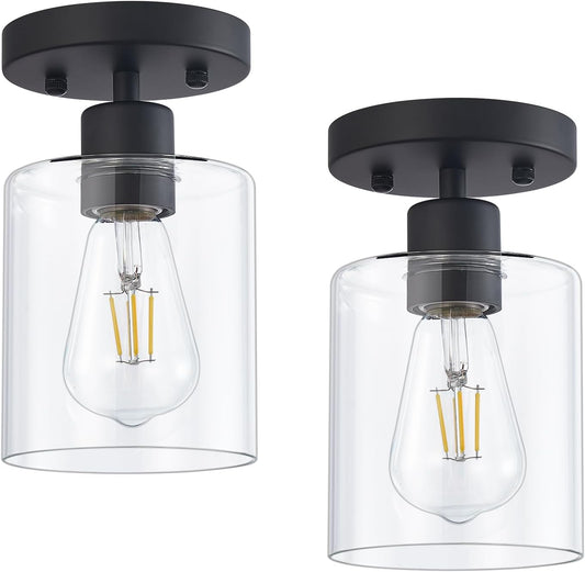 1 Light Semi Flush Mount Ceiling Light Black Kitchen Lighting Fixtures Ceiling Light Fixtures Small Hallway Lights with Clear Glass Shade for Bedroom Set of 2