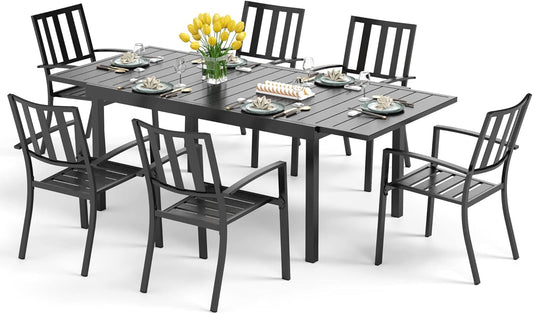 PHI VILLA 7 Pieces Outdoor Dining Set for 6, Expandable Rectangular Metal Dining Table & Stackable Wrought Iron Chairs, Large Furniture Set for Patio, Deck, Yard, Porch