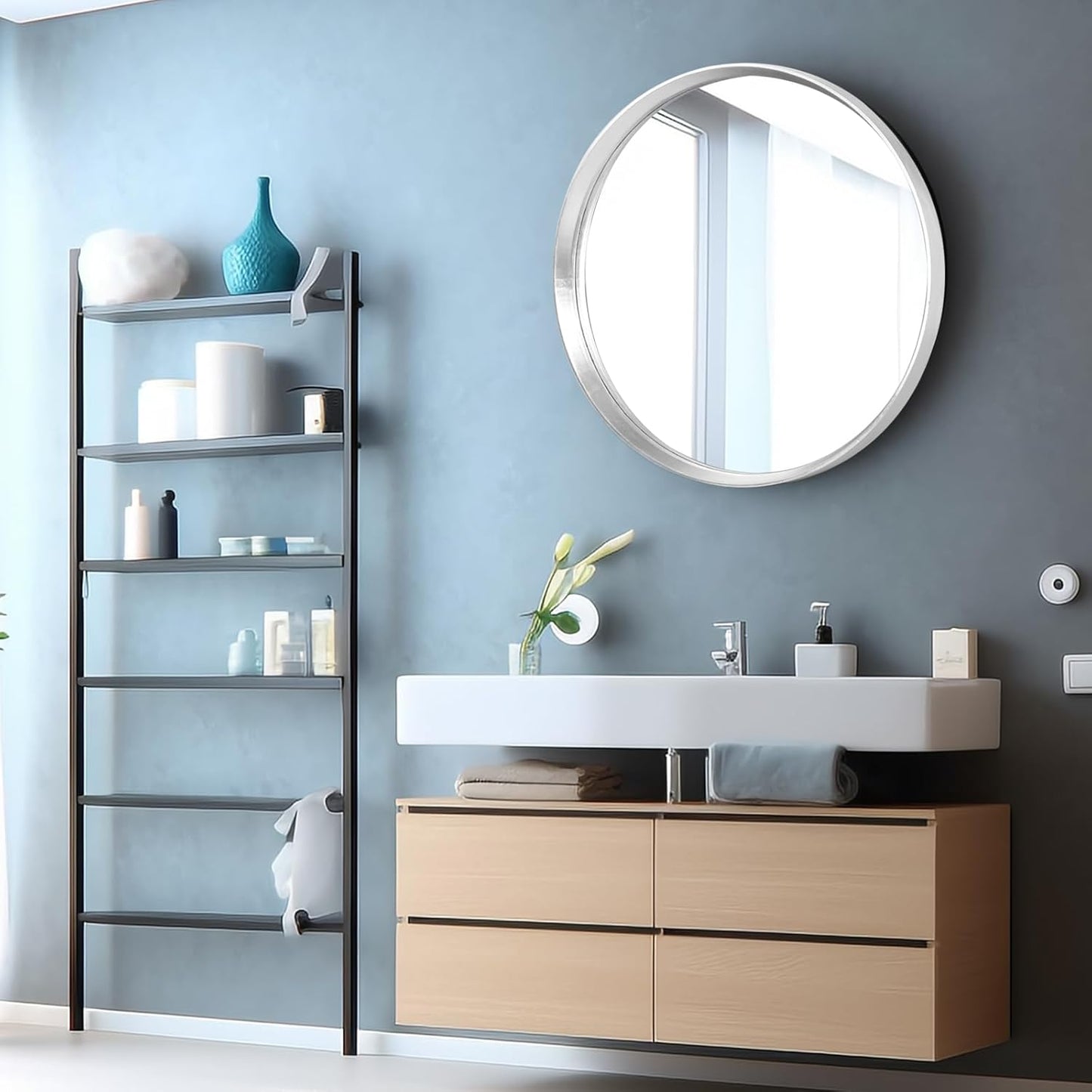 Round Mirror 28 Inch, Silver Wood Mirror, Wall Circle Mirrors, Large Wood Frame Mirror, Round Mirrors for Wall Decor, Bathroom Mirror, Nursery Mirror