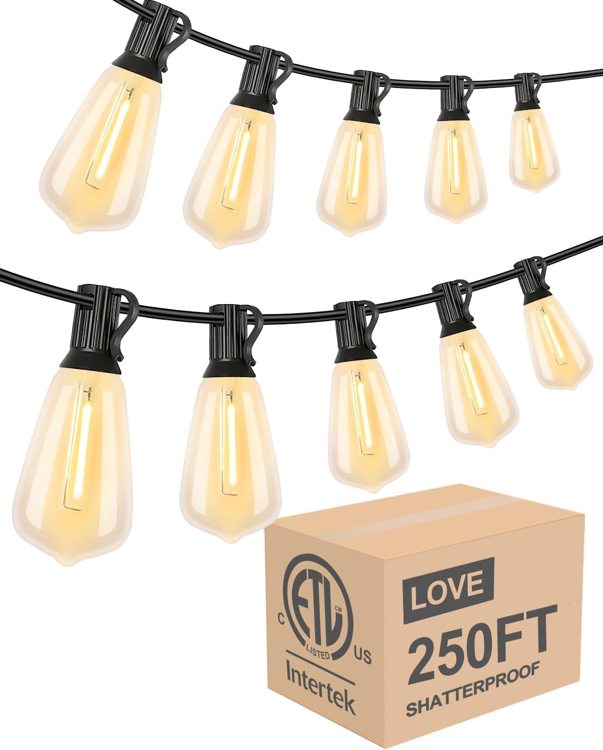 Lightdot 250FT Outdoor String Lights, LED Bistro String Lights with Shatterproof ST38 Bulbs, 2200K Dimmable, Waterproof Hanging Lights for Porch, Party, Garden, Backyard, Balcony - ETL Listed