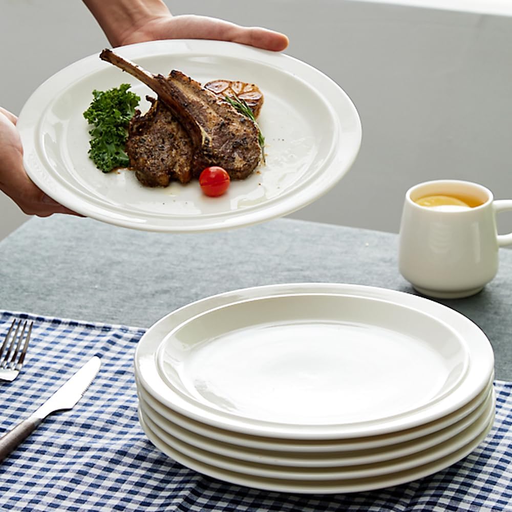 10.5-inch Porcelain Dinner Plate Set of 6 - Microwave, Oven and Dishwasher Safe, Scratch Resistant. (White)