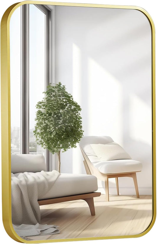 22x30 Inch Bathroom Mirror for Wall,Matte Gold Framed Rectangle Mirror with Rounded Corner,Aluminum Alloy Framed Brushed Wall Mirror for Bedroom or Living Room,Vertical or Horizontal
