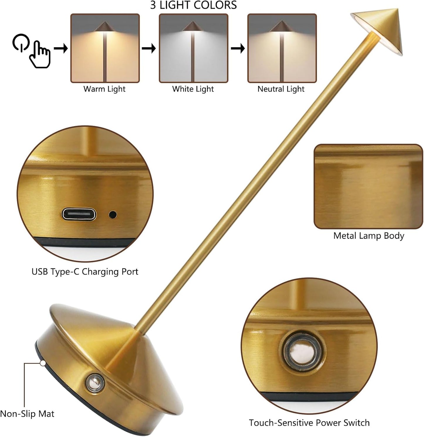 Cordless LED Table Lamp, Rechargeable 5200mAH Battery Operated Lamp for Decor, 3 Color Stepless Dimming Desk Lamps, for Restaurant, Bedroom, Outdoor Camping, Coffee Shop, Night Light