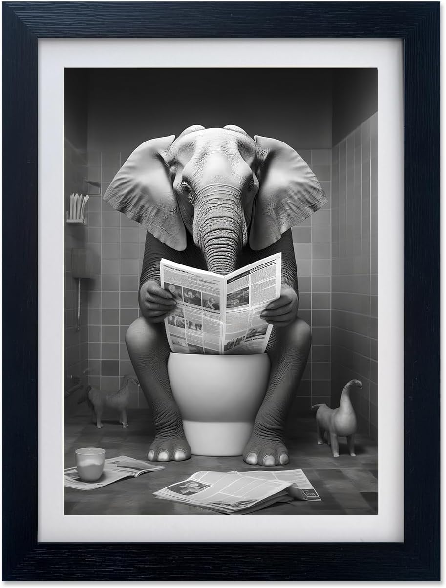 Bathroom Art Wall Decor Black and White Framed Bathroom Picture Canvas Print Elephant in Toilet Reading Newspaper Funny Animal Artwork