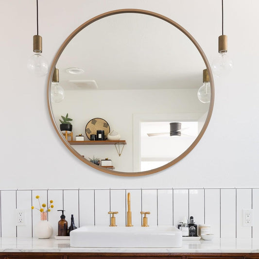 WallBeyond Round Wood Mirror, 36" Round Modern Decoration Large Circle Wall Mirror for Bathroom Living Room Bedroom Entryway, Honey