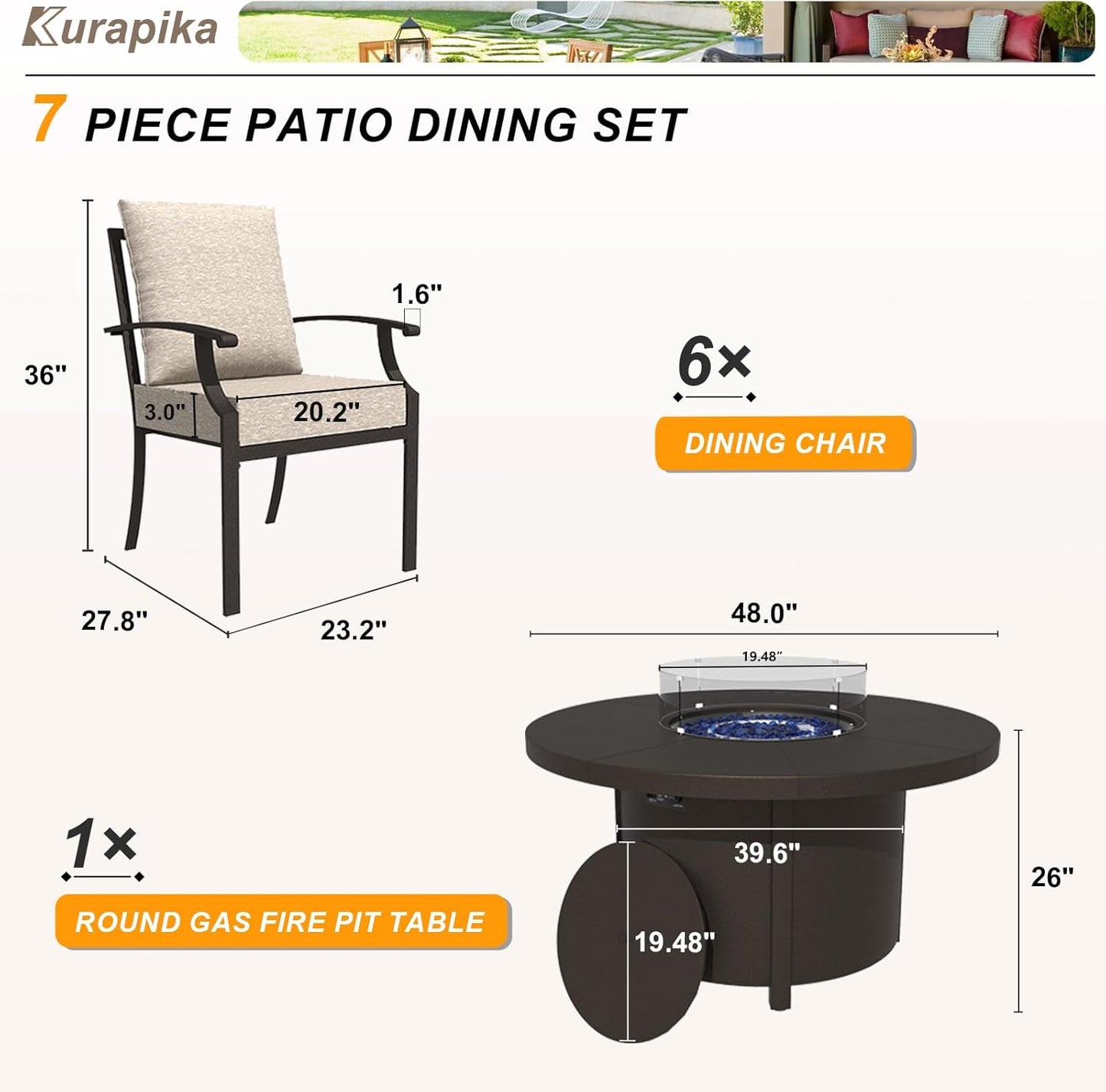 Kurapika 7 Piece Metal Outdoor Patio Furniture Set with 48" Round Fire Pit Table, Patio Conversation Sets 6 Fixed Chairs with Thick Cushion and 40000 BTU Propane Fire Pit Table, Sand