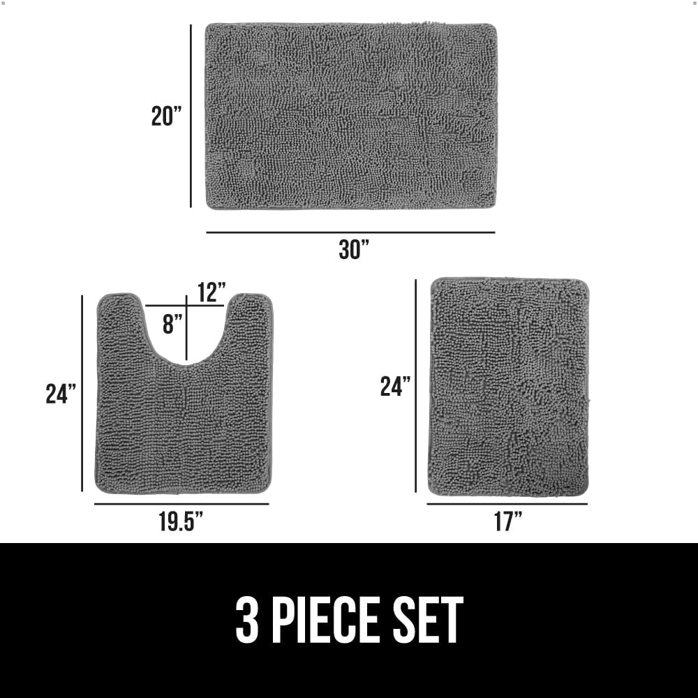 GORILLA GRIP Bathroom Rug Sets 3 Piece, Bath Mat Set and Oval Toilet Base with Rubber Backing, Plush Absorbent Shaggy Chenille Washable Mats, Includes 24x19.5, 24x17 and 30x20 Inch Rugs, Grey