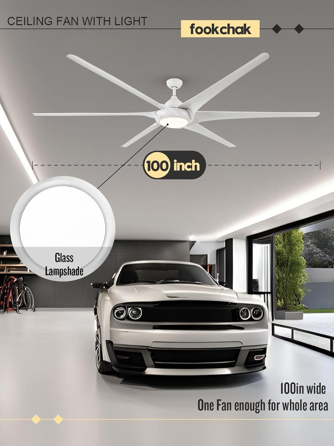 100in White Large Ceiling Fan with Lights Remote Control 6-Blade Outdoor Ceiling Fan Light for Patio, Multi-Speed Reversible Airflow for Garage Home Office Gym Room Living Room