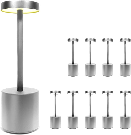 10 Pack - Silver Rechargeable Cordless Table Lamps, Portable LED Desk Lamps, Dimming 5000mAh Rechargeable Battery Powered LED Lighting for Restaurant,Bar, Bedroom, Outdoor, Party