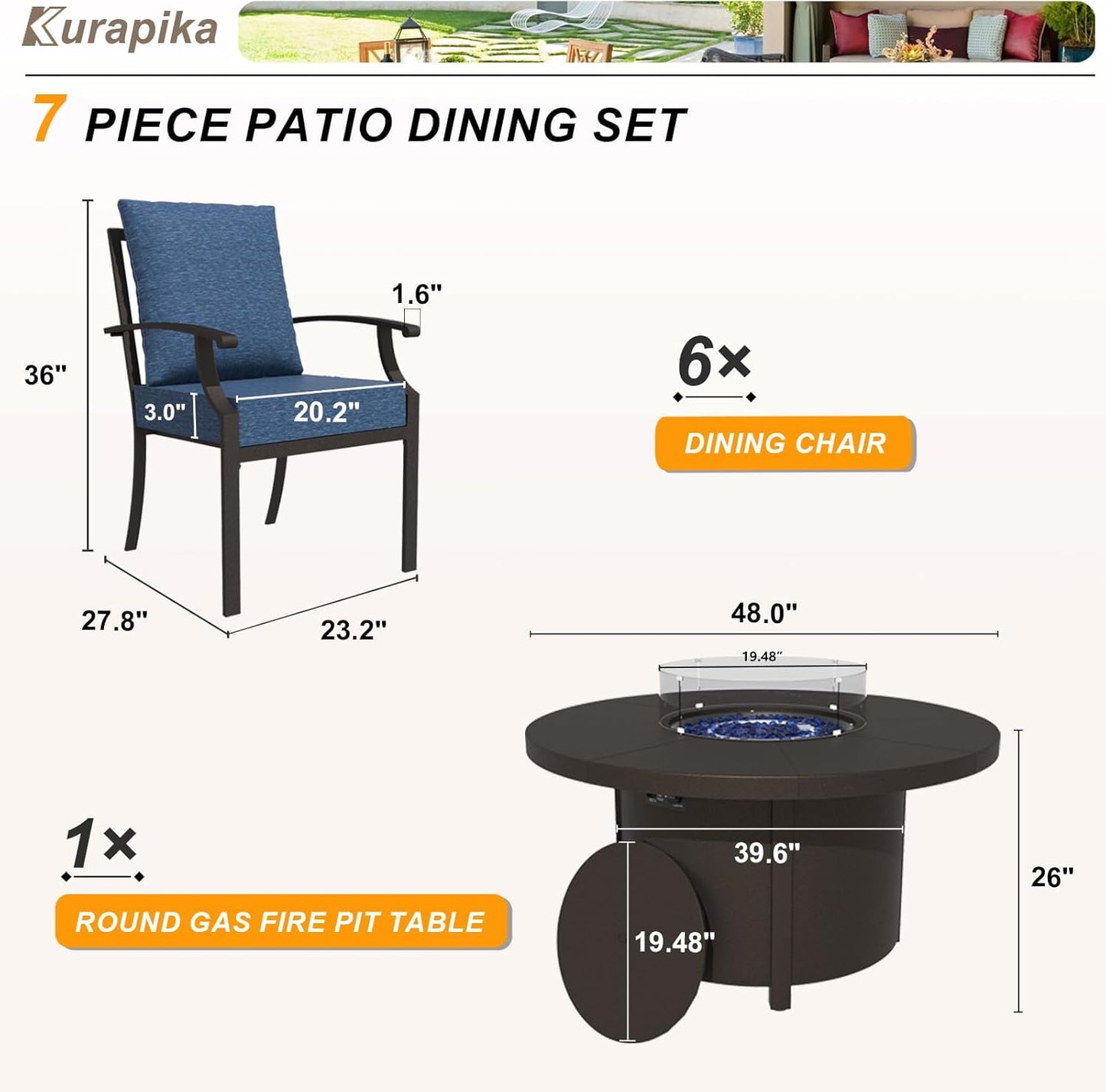 Kurapika 7 Piece Metal Outdoor Patio Furniture Set with 48" Round Fire Pit Table, Patio Conversation Sets 6 Fixed Chairs with Thick Cushion and 40000 BTU Propane Fire Pit Table, Navy Blue