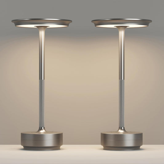 Rechargeable 2 Pack Cordless Table Lamps, 5000mAh Portable LED Table Light, 3 Color Stepless Dimming Battery Powered Metal Table Lamp for Outdoor Patio/Bedroom/Camping.(Silver)