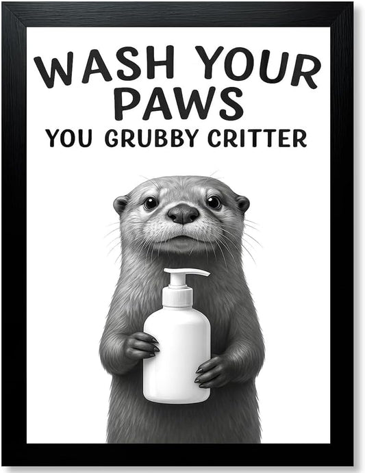 Funny Bathroom Wall Art, Black and White Wall Decor, Framed Animal Otter Poster Canvas Print (Otter, 14"L x 11"W, Framed)