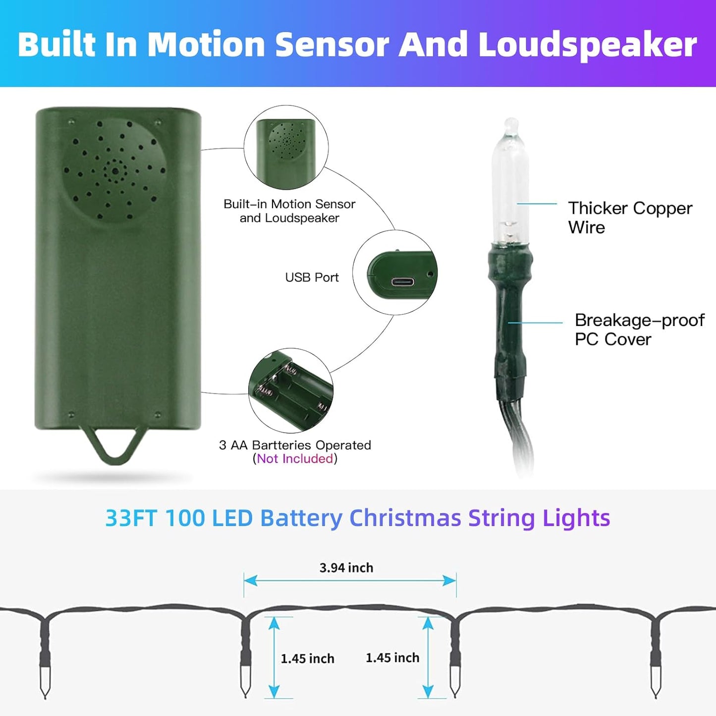 33FT 100LED String Lights,Battery Christmas Music Light Waterproof,Motion Sensor Christmas Lights with 6 Modes for Indoor Outdoor Yard Patio Garden Xmas Tree Decor