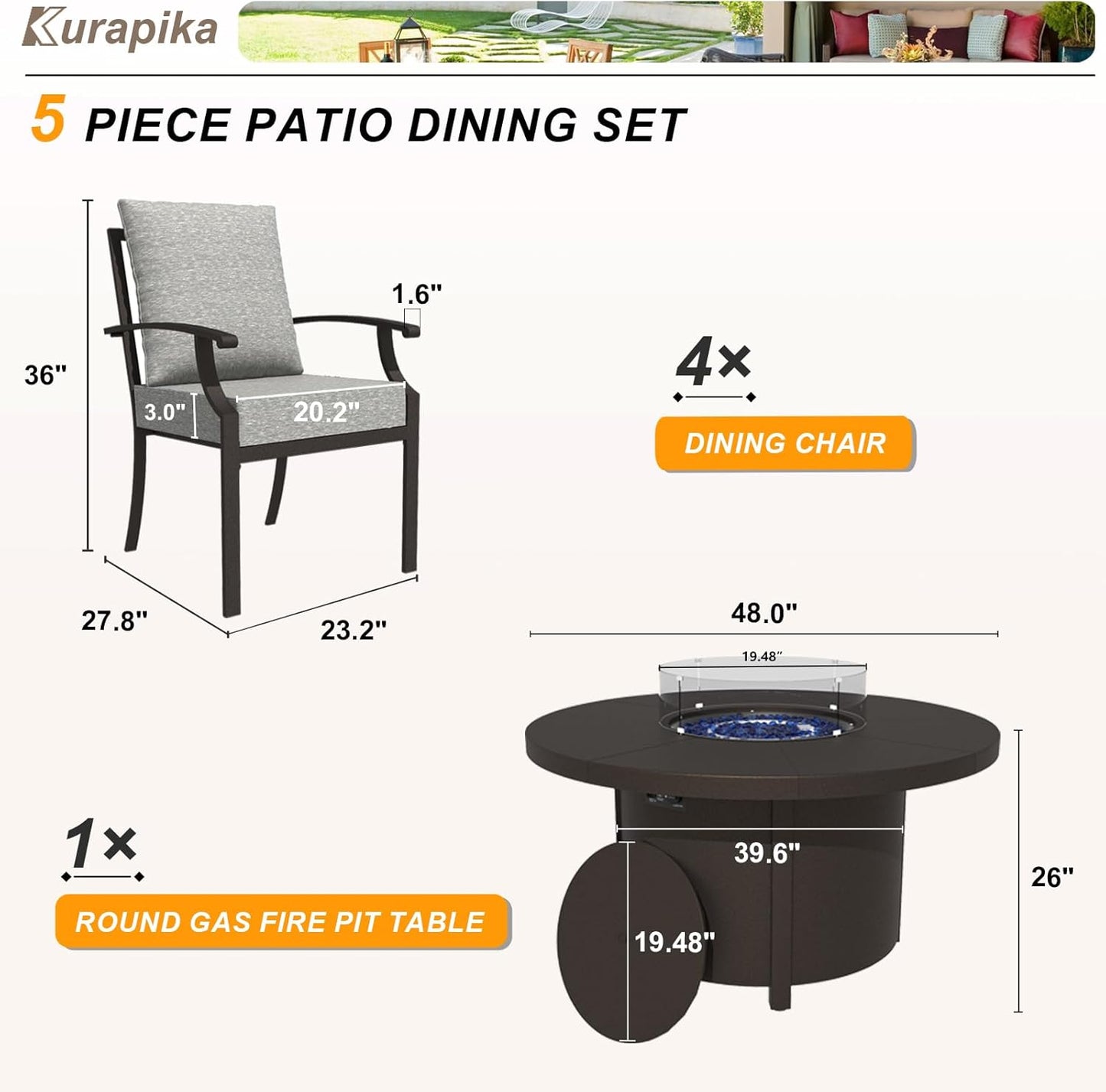 Kurapika 5 Piece Metal Outdoor Patio Furniture Set with Round Fire Pit Table, Patio Conversation Sets 4 Fixed Chairs with Thick Cushion and 40000 BTU Fire Pit Table, Grey