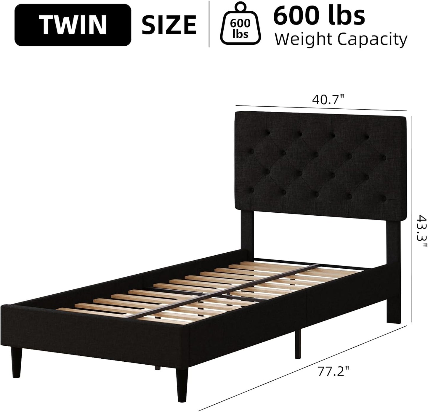 HOMBCK Twin Size Bed Frame with Headboard, Linen Fabric Upholstered Platform Bed Frame for Kids, Twin Bed Frame with Button Tufted, Wooden Slat Support, No Box Spring Needed, Easy Assembly, Black